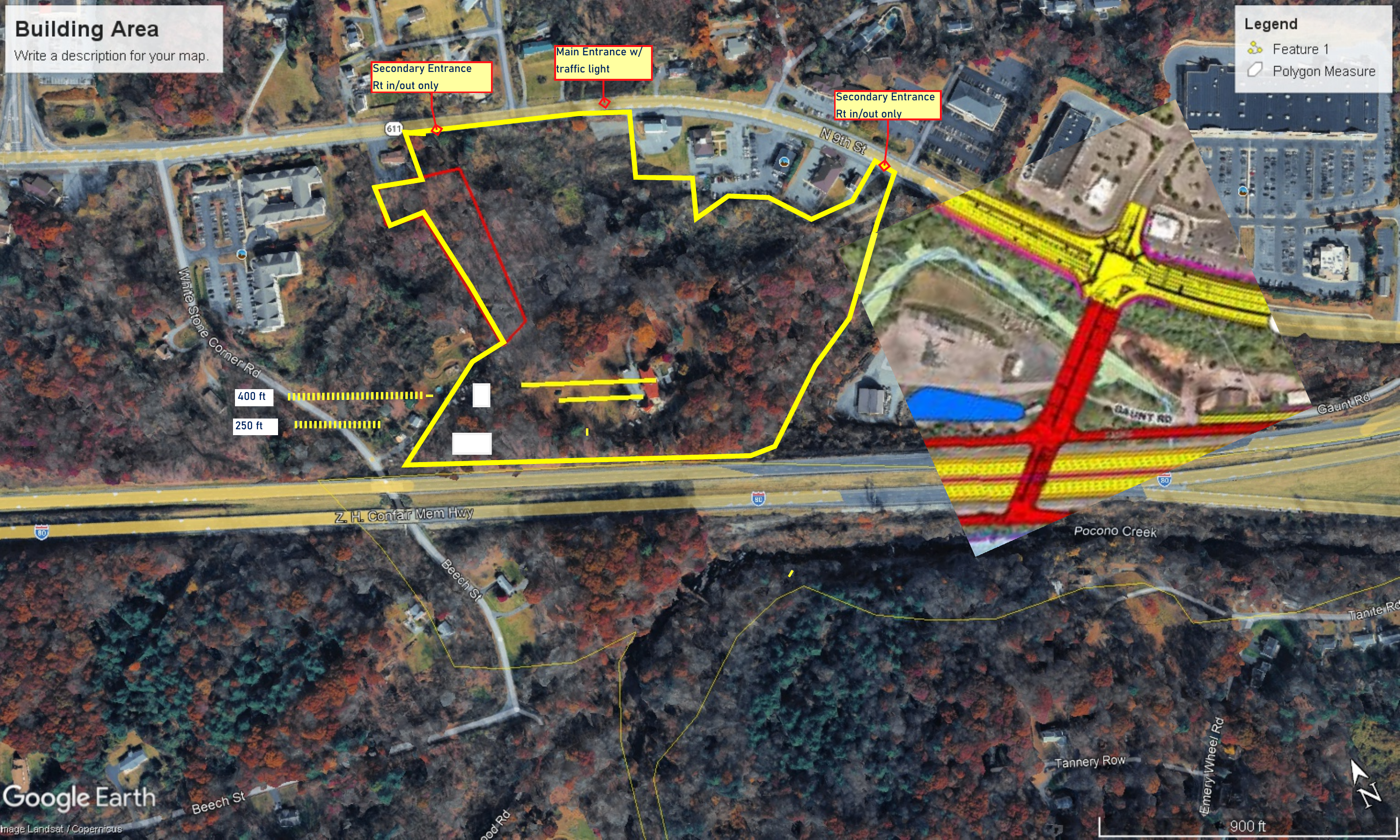 Aerial context showing the 9th and Irie site relationship to I-80, Route 611, and the surrounding Stroudsburg commercial corridor